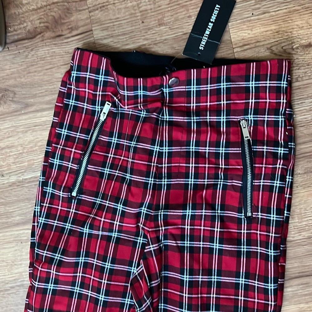 NWT Buffalo plaid red black with zipper Gothic skinny pants streetwear society s